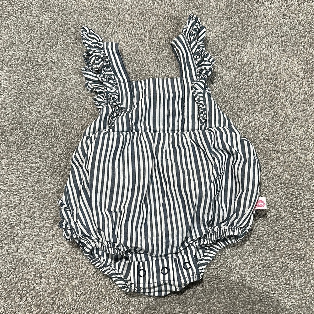 Ruffle Butts striped blue and‎ white bubble romper 0-3 months